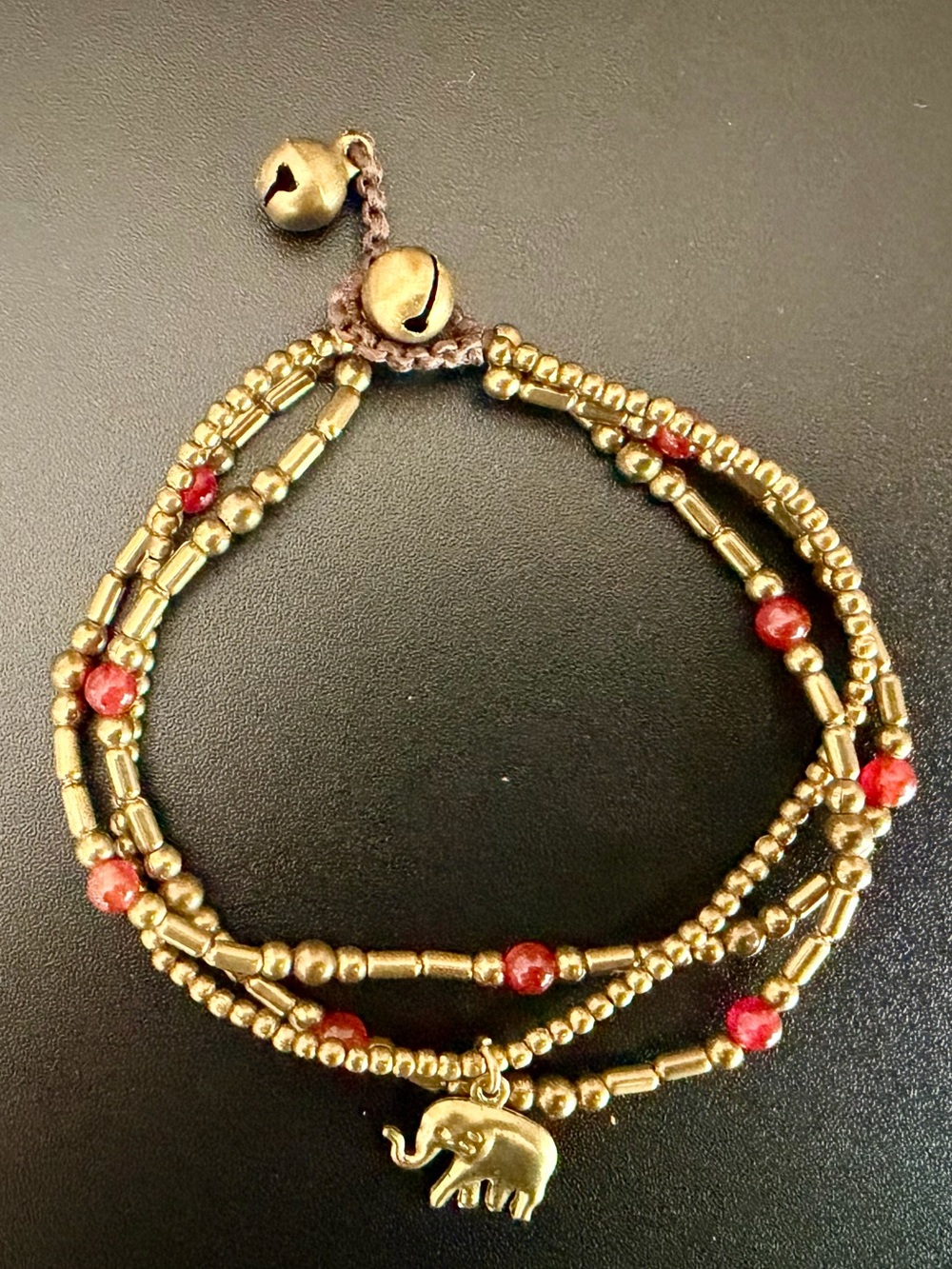 BRASS & CARNELIAN GEMS BEADED THAI BRACELET WITH BRASS ELEPHANT CHARM